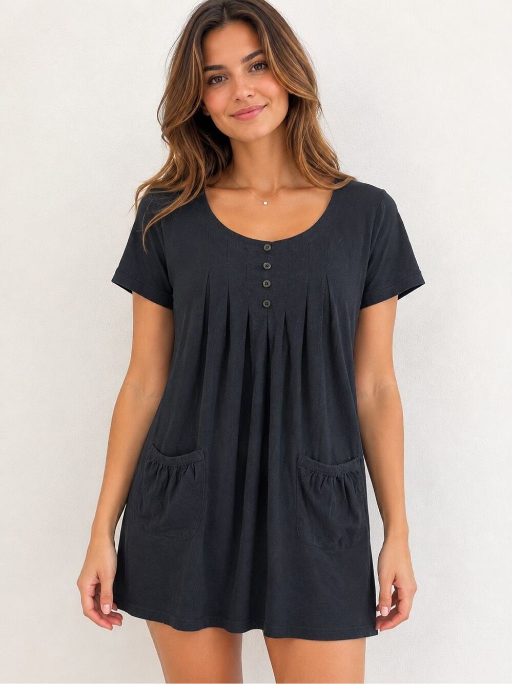 Roamans 1X Black Cotton Blend Short Sleeve Button Front Pocket Mini Dress